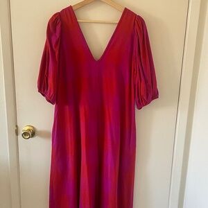 ALI GOLDEN Double V-Neck Maxi Dress Poppy/Pink Plaid sz XS